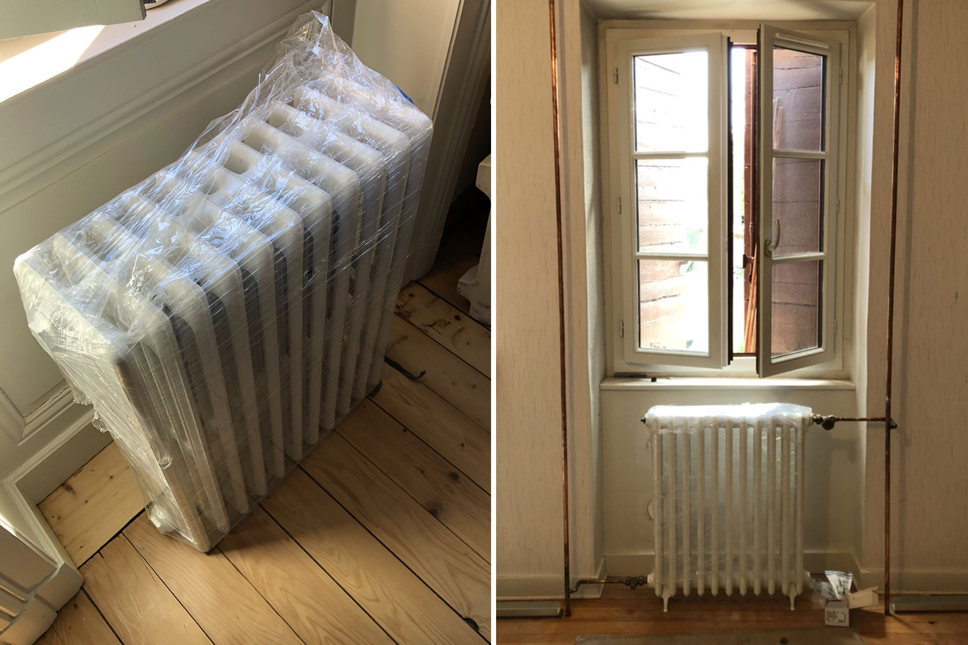 Installation de radiateurs en fonte retro en rénovation à Chazay d